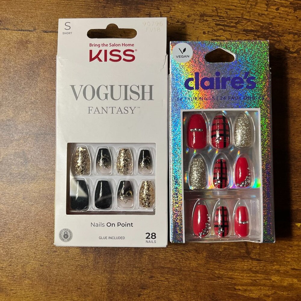1 Kiss Voguish Fantasy, 1 Claire's Glue Press-On Nails Manicure, Short Squoval